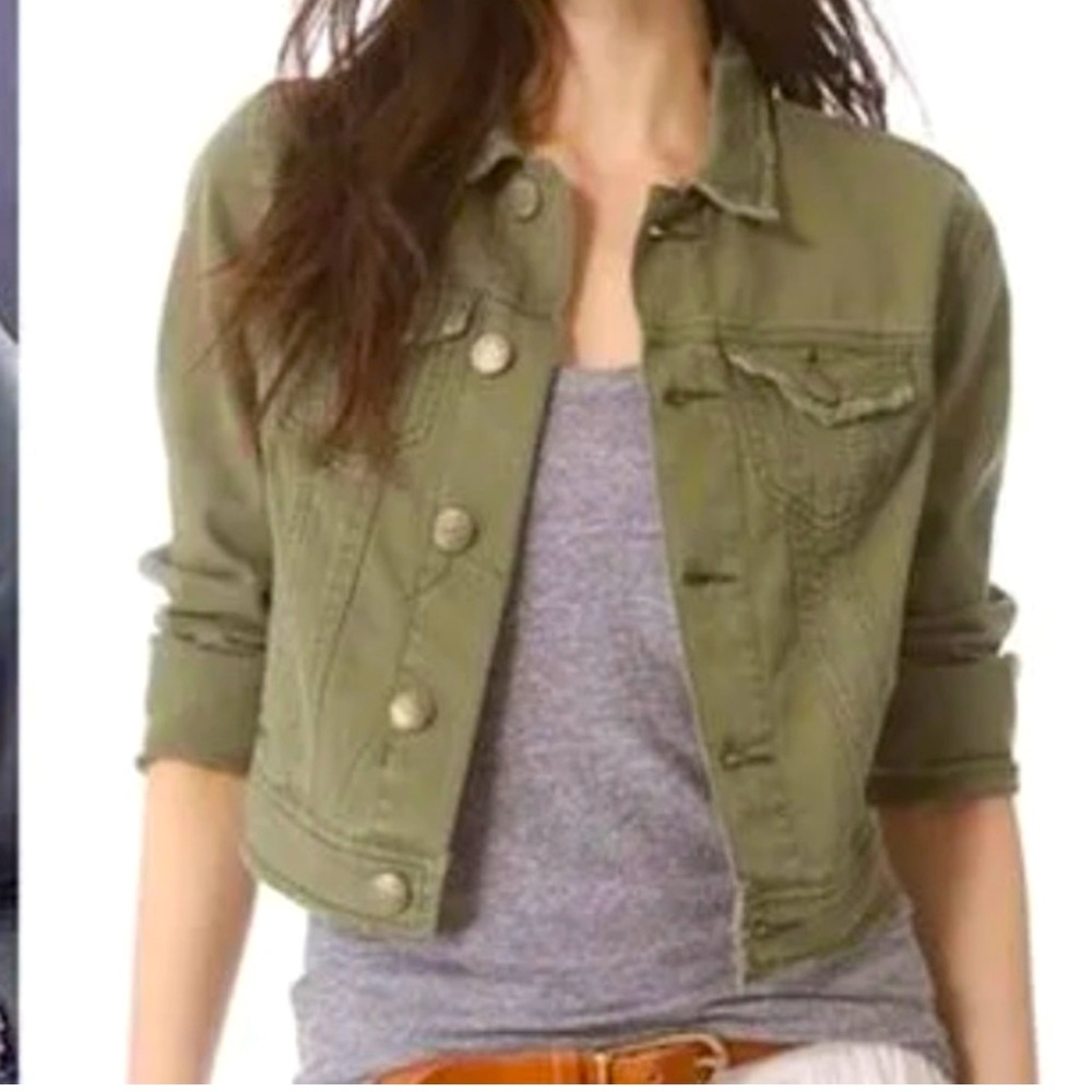 Free People Green Distressed Denim Jacket Size 4